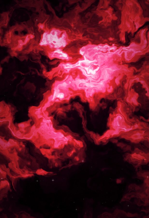 Abstract nebula in crimson and pink on black with scattered stars