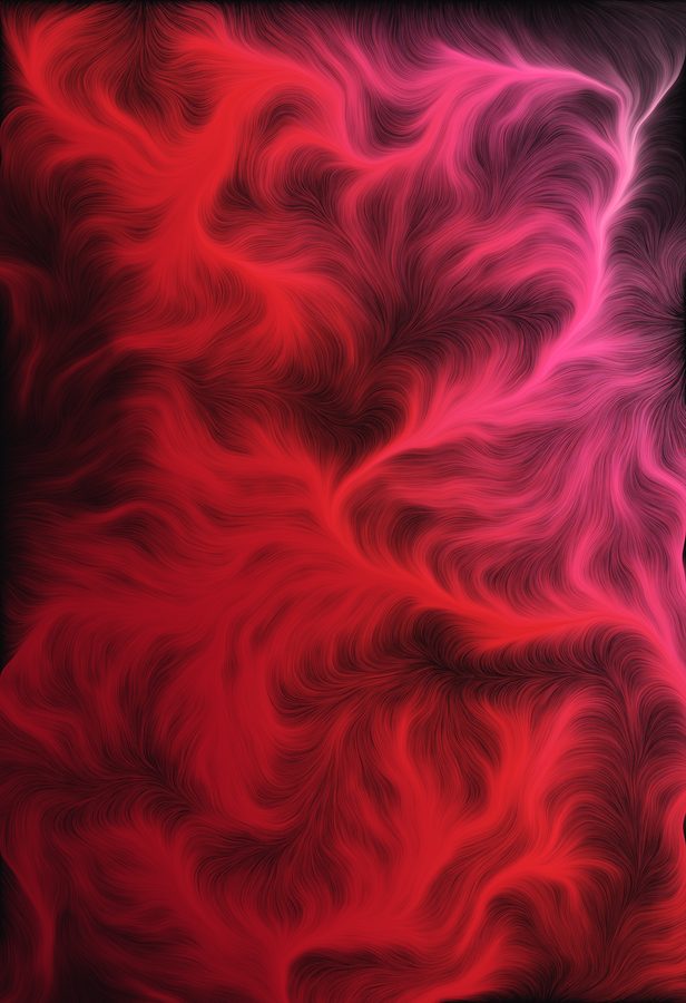 Abstract flow of fine red and pink strands curling like smoke on a dark ground
