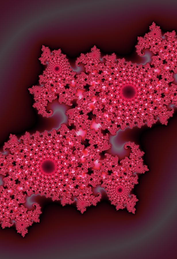 Pink and red fractal shape with self-similar lobes on a dark red ground