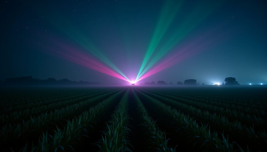 Rows of young corn at night under a fan of green and magenta laser beams