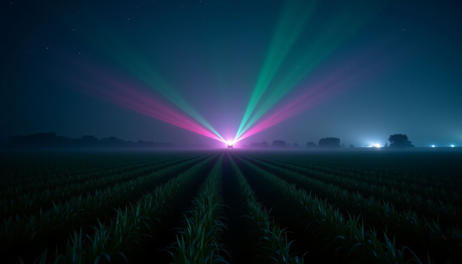 Rows of young corn at night under a fan of green and magenta laser beams, made on my GPU
